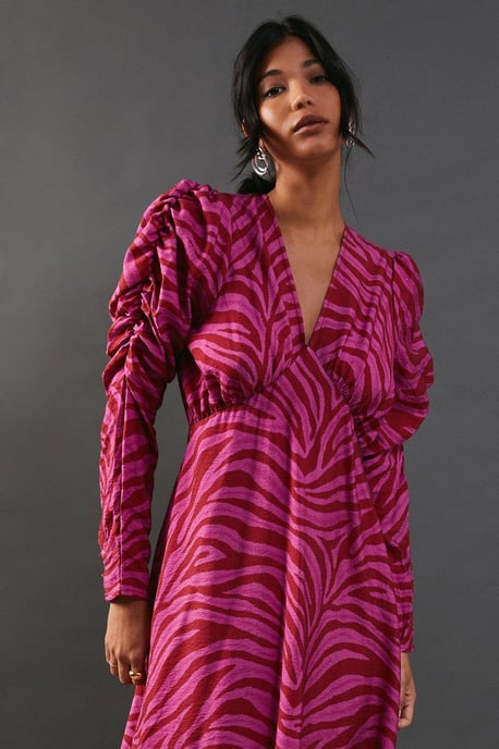 Pink Zebra Print Viscose V Neck Long Puff Sleeve Midi