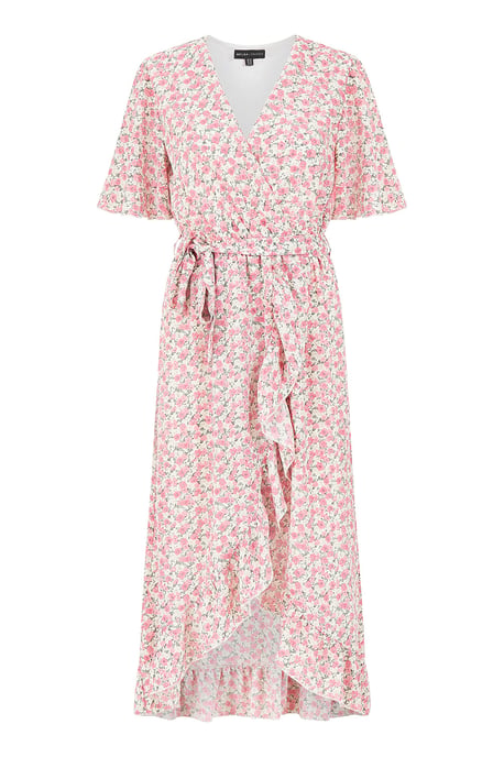 Mela Pink Ditsy Floral Wrap Midi Dress