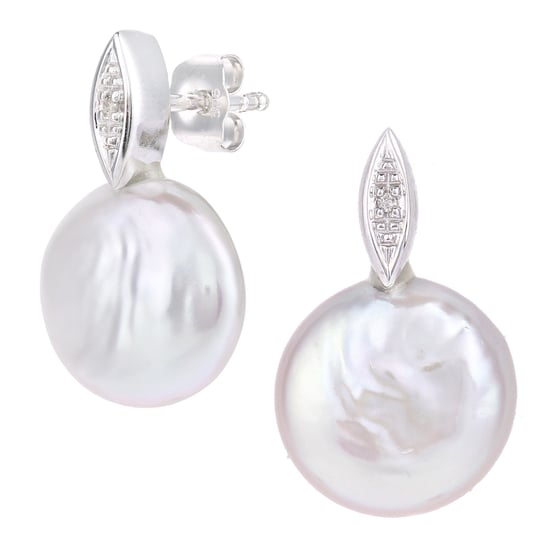9ct White Gold, 0.01ct Diamonds with White Cultured pearl Earrings