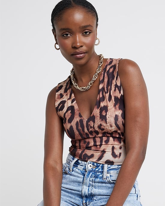 River Island Womens Bodysuit Brown Leopard Print V-Neck