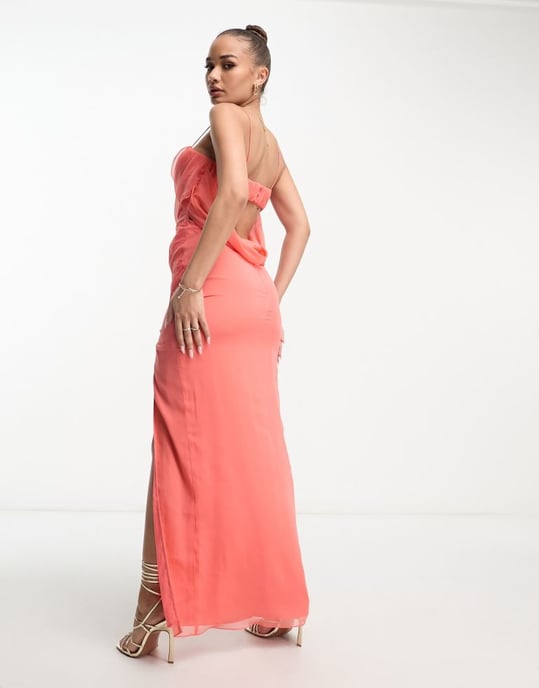ASOS DESIGN corset maxi dress with soft cowl front in coral-Orange