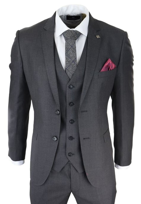 Traje retro clásico de 3 piezas con puntadas en gris carbón para hombre - Image 1