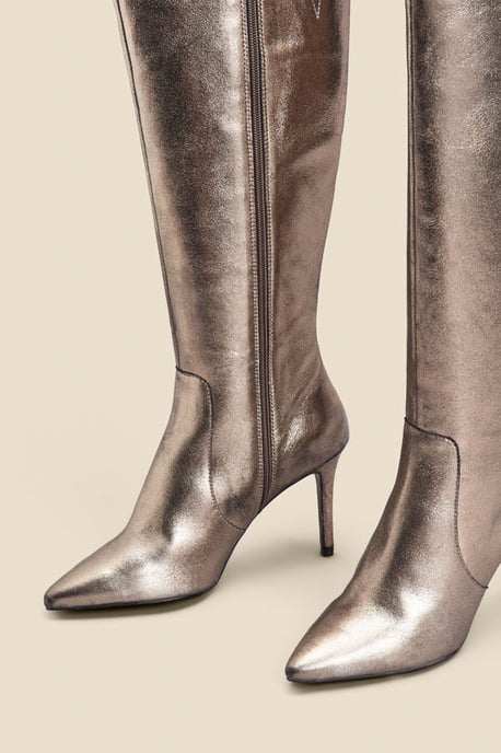 Pewter Leather Stiletto Heel Knee High Boots