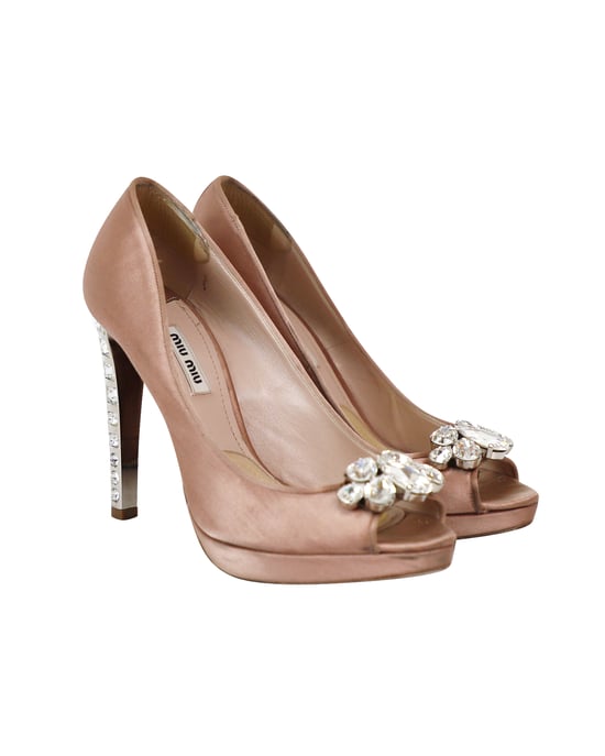 Miu Miu Crystal Embellished Peep Toe Platform Pumps in Nude Satin - Image 3