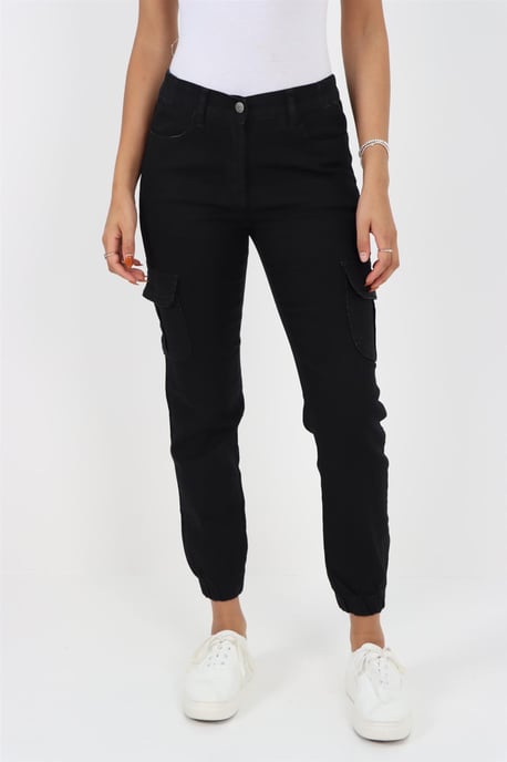Vaqueros con puños y cintura elástica lateral para mujer en negro - Image 5