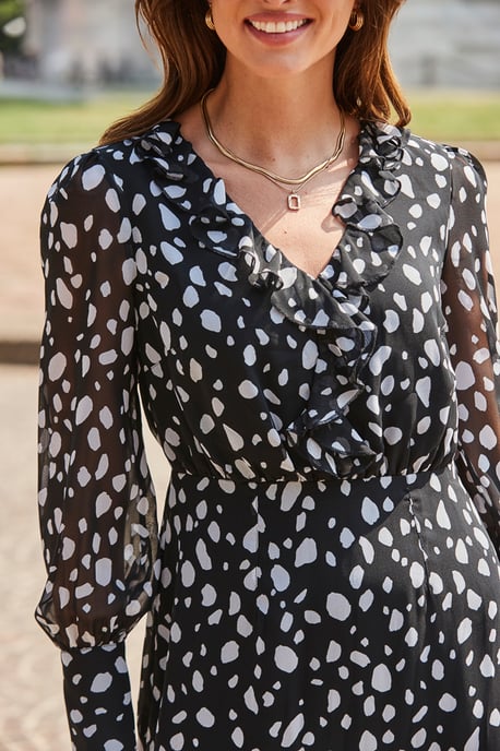 Black Spot Print Ruffle Detail Pencil Dress