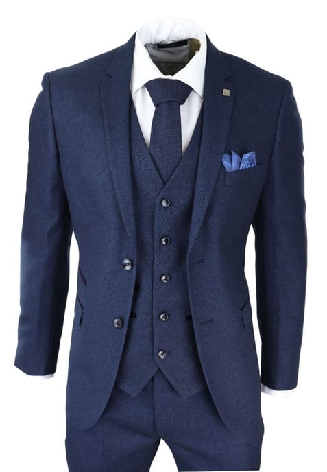 Traje clásico de tweed azul marino de tres piezas con diseño de ojo de pájaro para hombre - Image 1