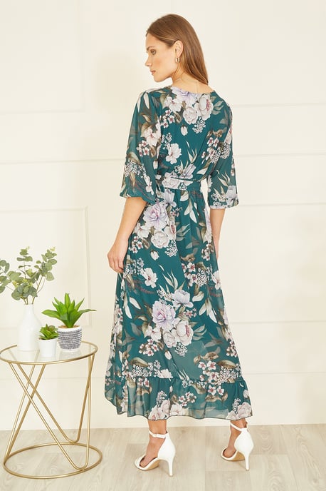 Teal Floral Wrap Midi Dress With Frill