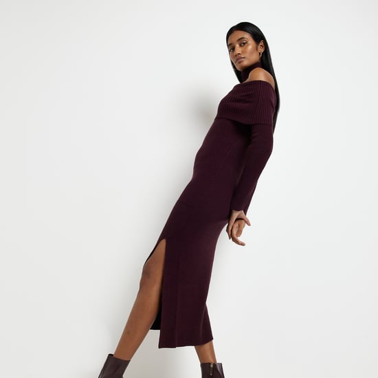 River Island Womens Bodycon Midi Dress Red Knit Bardot