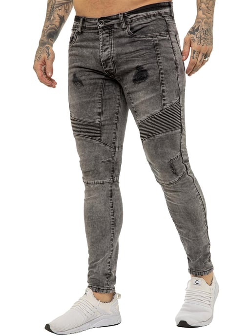 Enzo | Mens Skinny Stretch Biker Denim Jeans - Black Acid