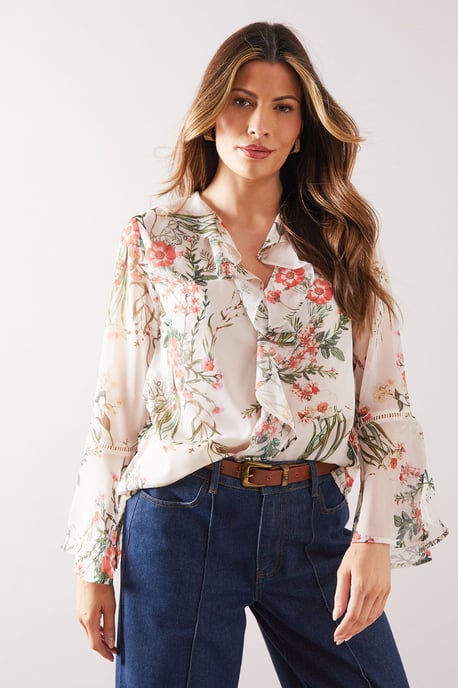 Floral Lace Trim Ruffle Blouse