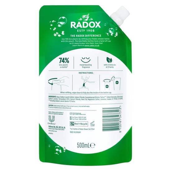 Radox Mineral Therapy Shower Gel Refill Pouch Feel Refreshed 500ml, 5 Pack