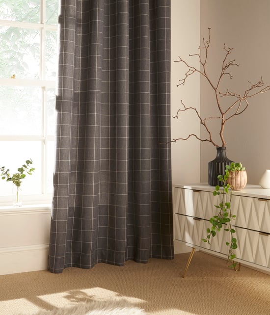 Ellis Windowpane Check Eyelet Curtains in Grey - Image 2