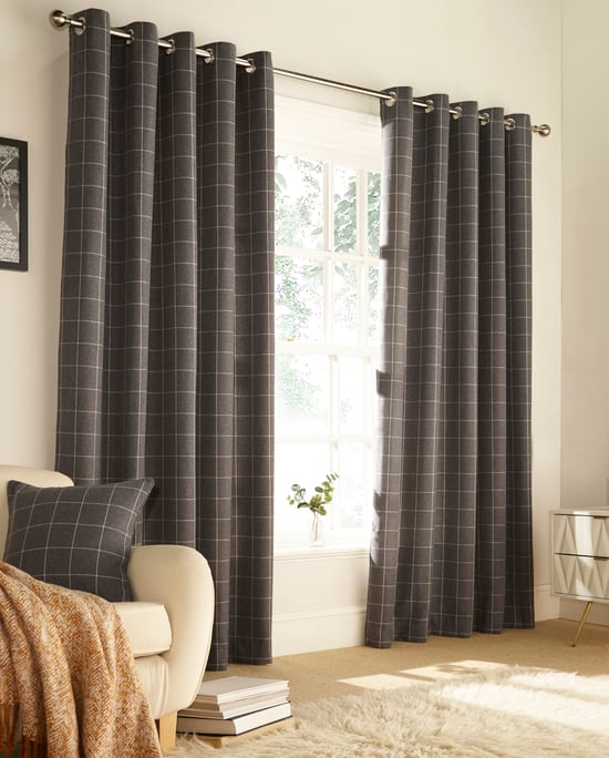Ellis Windowpane Check Eyelet Curtains in Grey - Image 3