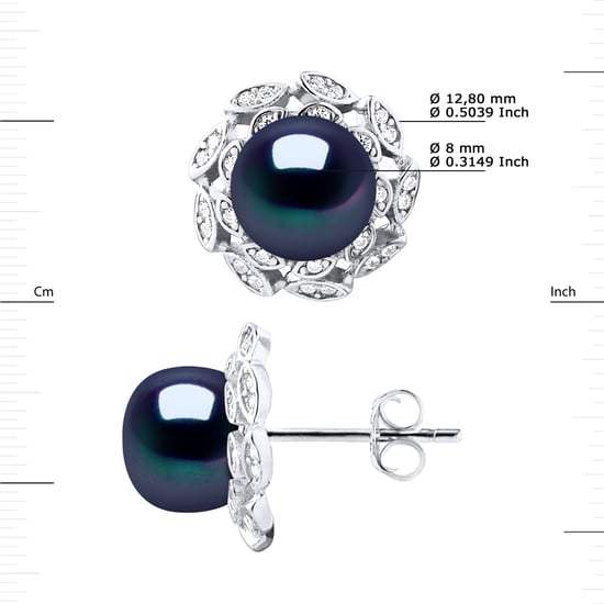 Stud Earrings FLOWER Beads Freshwater 8-9mm Black Buttons Jewelry 925