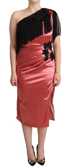 Vestido Midi de Seda Rosa con Tirantes Asimétricos y Flecos de Dolce & Gabbana - Image 1