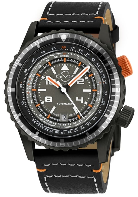 GV2 Contasecondi Men's Grey/Orange Dial Black Calfskin Leather Watch