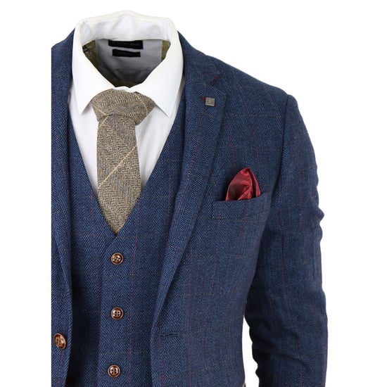 Traje de 3 piezas de tweed azul a cuadros para hombre - Image 4
