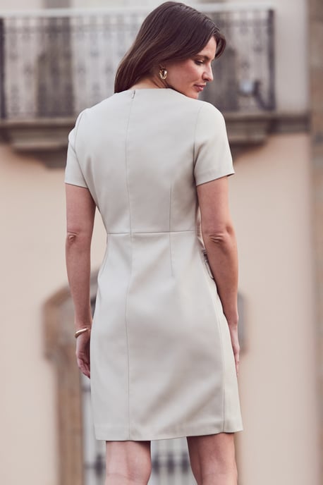 Ecru Faux Leather Pocket Detail Shift Dress