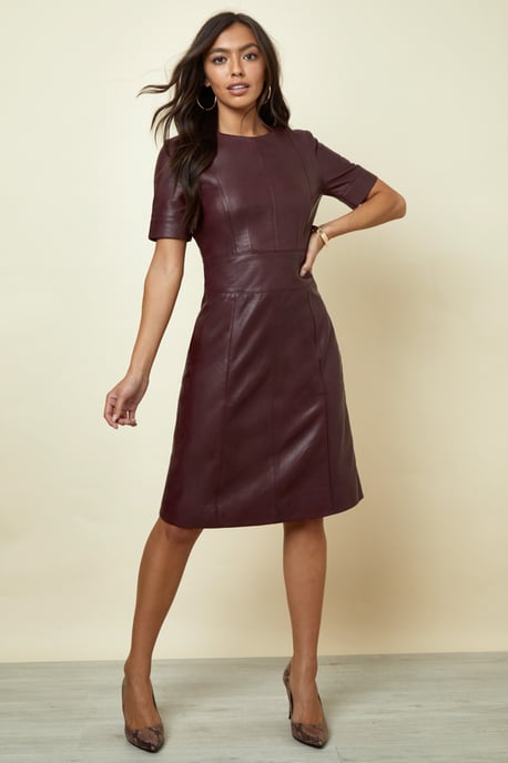 Burgundy Leather Panelled Shift Dress