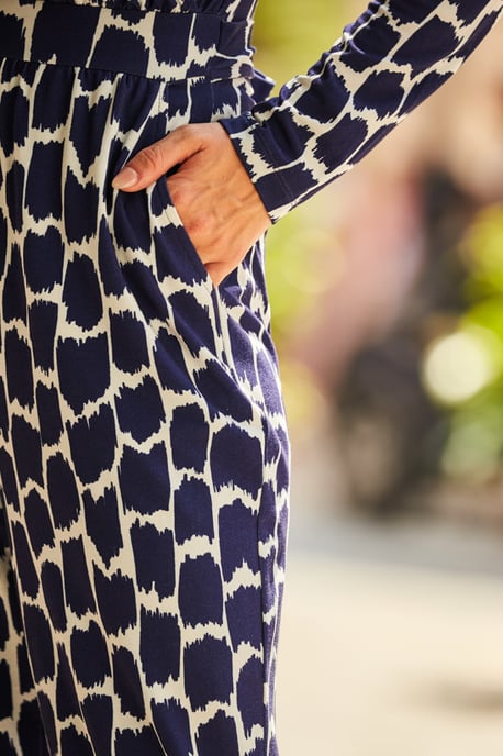 Navy Blue & White Morocco Print Wrap Front Tapered Leg Jumpsuit With Pockets