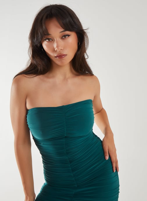 Strapless Ruched Slinky Midi Dress