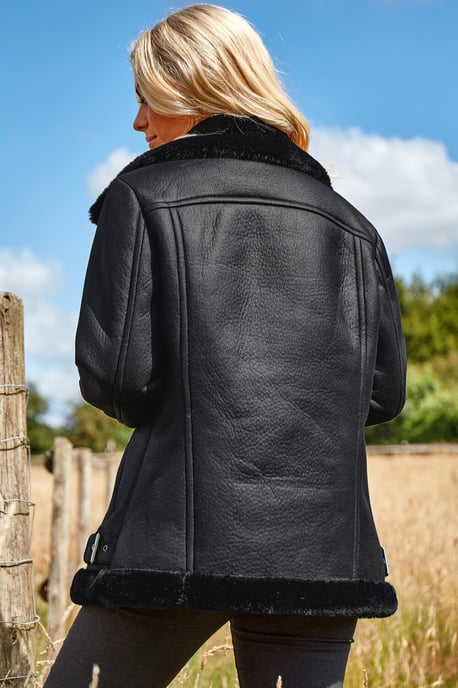 Faux Fur Lined Zip Detail Aviator Jacket