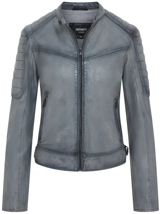 Womens Grey Retro Quilted Leather Biker Jacket - Horten