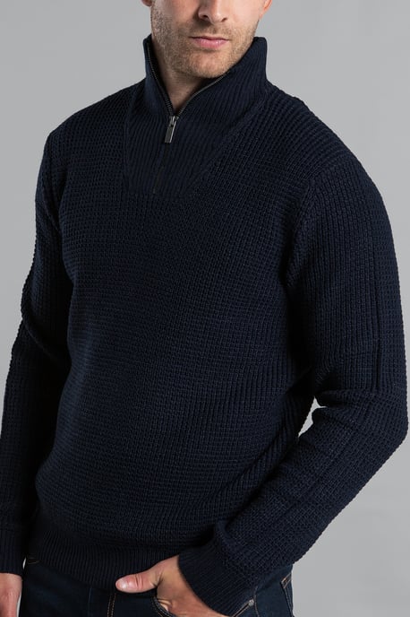 Dark Navy Waffle Knit Jumper With 1/4 Zip Funnel Neck