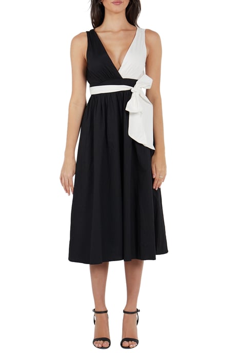 Vestido midi negro con cintura anudada de popelina blanca en contraste - Image 6