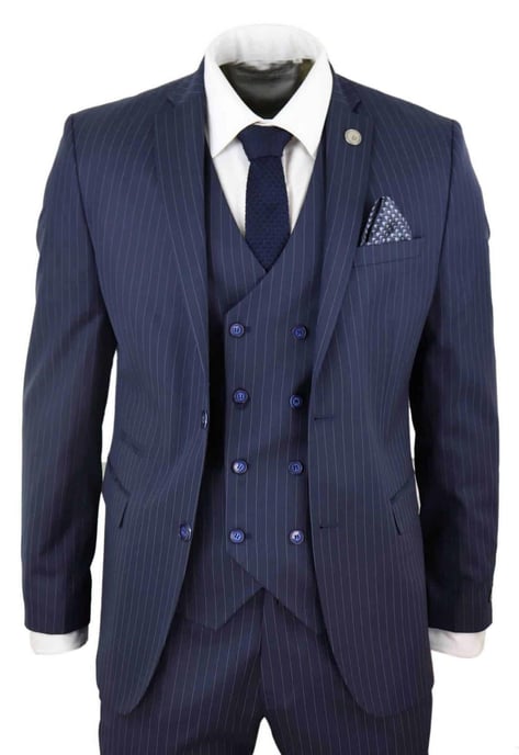 Traje retro de tres piezas de raya diplomática azul marino para hombre - Image 1