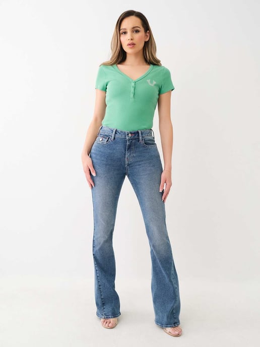 Joey Single Needle Mid Rise Flap Flare in Medium Sunkissed Wash