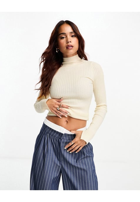 ASOS DESIGN high neck jumper in rib in cream-White