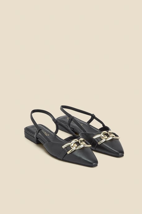 Black Leather Pointed Toe Flat Slingback Shoe With Gold Trim