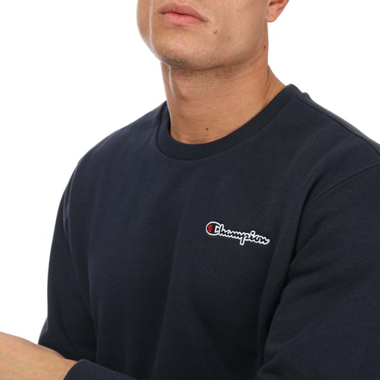 Men's Champion Crew Neck Small Script Logo Sweatshirt in Navy - Image 5