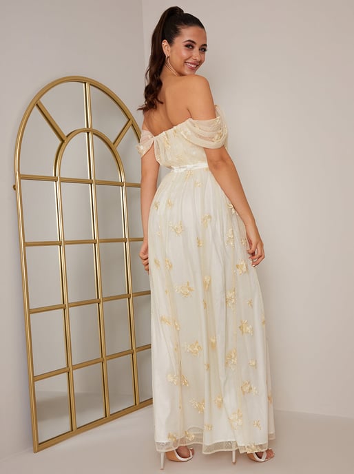 Bardot Embroidered Floral Dobby Lace Maxi Dress in Cream