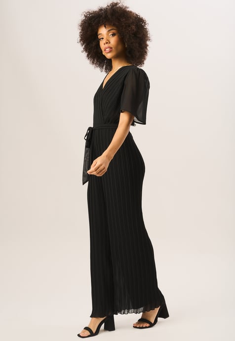 Angel Sleeves Pleated Belted Wrap Jumpsuit