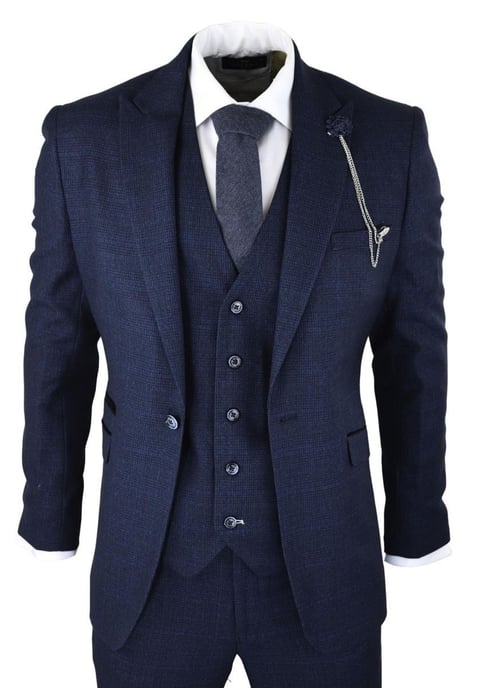 Traje clásico retro de tweed a cuadros azul marino de 3 piezas para hombre - Image 1