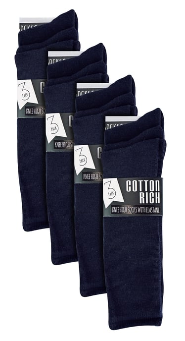 12 Pair Multipack Girls Knee High Socks | Calcetines escolares transpirables de algodón largo | Opción de color - Gris, Negro, Blanco, Azul - Azul - Image 2