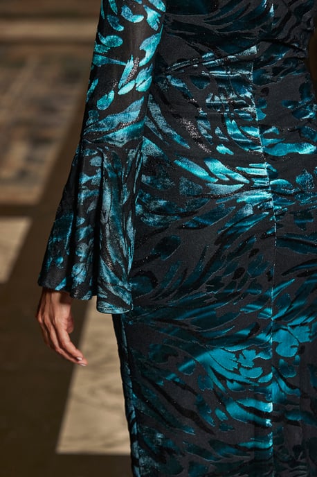 Green Velvet Devoré Ruched Front Midi Dress
