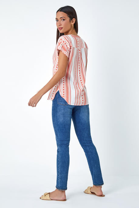 Aztec Print Button V-Neck Detail Top