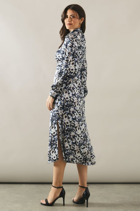 Floral Print High Neck Satin Midi Dress