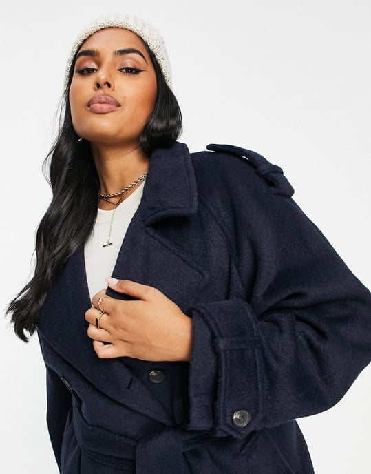 ASOS DESIGN Curve oversized brushed formal trench wool mix coat in navy