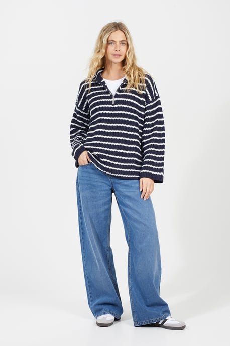 Navy Striped Fisherman Knit Zip Neck Tunic Jumper