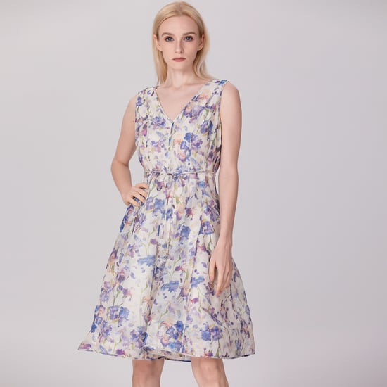 Flower Print Sleeveless Tea Organza Dress - Image 1