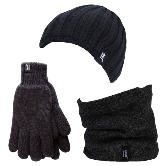 Calentadores - Forro polar térmico de invierno Gorro de punto por cable, calentador de cuello y juego de guantes para hombres - Negro - Image 1