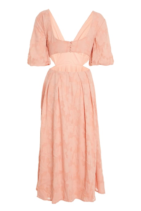 Peach Jacquard Puff Sleeve Midi Dress