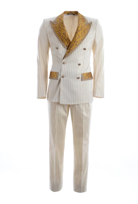 Traje a rayas con solapa y bolsillos en dorado para hombre de Dolce & Gabbana - Image 1