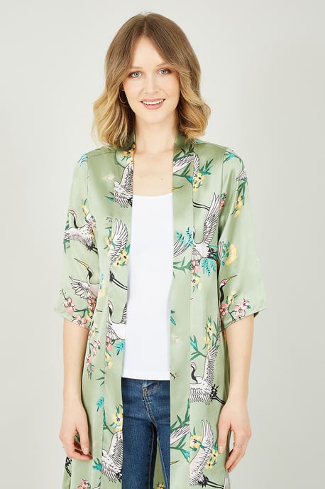 Yumi Khaki Green Satin Crane Kimono