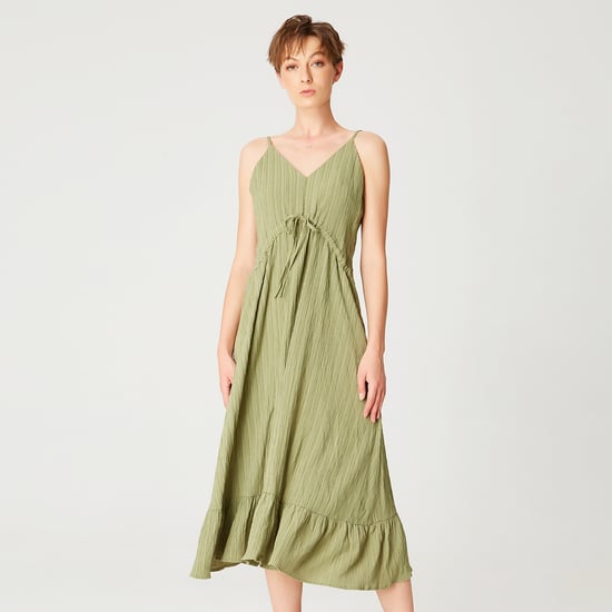 Trapeze midi dress with drawstring and thin shoulder straps